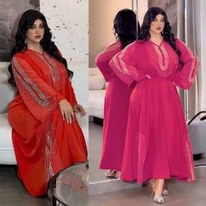 Robe Caftan en Mousseline Strass Élégante pour Femmes Manches Lanterne Luxueuses Abaya Musulmane Fête Mariage Robe Longue