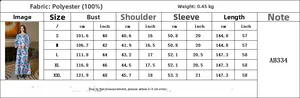 Detailed size guide for printed maxi dress from S to XXL with fabric specifications