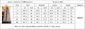 Size chart for sequin mesh embroidery dress with bust, sleeve, and length measurements