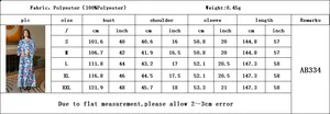 Size chart for printed maxi dress showing S-XXL dimensions in centimeters and inches