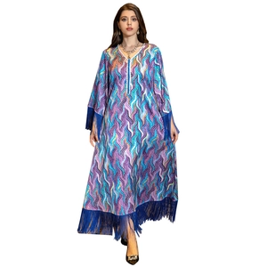 Women's V-neck kaftan maxi dress with colorful wave print and blue tassel hem details