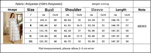Tableau des tailles détaillé pour robe longue imprimée avec mesures et détails du tissu