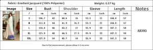 Detailed size guide for jacquard gradient maxi dress with measurements in cm and inches