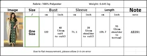 Size chart for women's embroidered kaftan dress with detailed measurements in centimeters