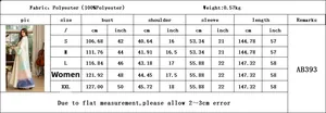Size chart for jacquard gradient maxi dress with detailed measurements in cm and inches