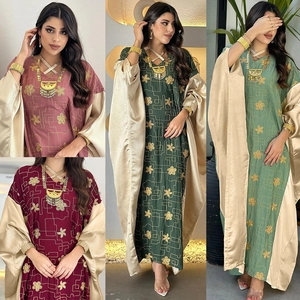 Women's Ethnic Embroidery Kaftan Dress Luxurious Middle Eastern Patchwork Long Sleeve Maxi Abaya Evening Party Gown
