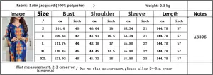 Size chart for printed satin jacquard V-neck long dress with detailed S-XXL measurements