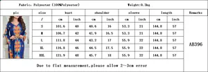 Detailed size chart for elegant V-neck printed long sleeve dress with fabric specifications
