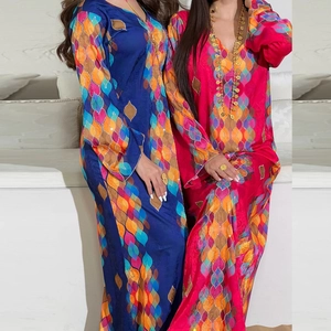 Women Elegant Satin Jacquard V Neck Long Sleeve Maxi Dress Ethnic Print Hot Rhinestone Kaftan Bohemian Long Robe Dress