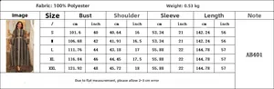Detailed size chart for elegant embroidered long dress with 100% polyester fabric details
