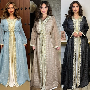 Damen Stickerei Strass Kaftan Abaya Maxikleid Zwei Teiler Mit Quastengürtel Sommer Ethnisches Langes Gewand Top And Bottom