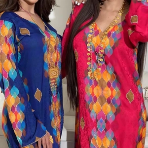 Elegant V-neck printed kaftan maxi dress with rhinestones in blue and rose pink