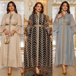 Women Elegant Embroidery Flare Sleeve Maxi Dress Polyester Kaftan Abaya With Belt For Party Banquet Ethnic Style Long Gown