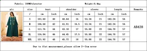 Tableau des tailles détaillé pour robe longue ethnique brodée avec mesures de poitrine