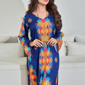 Detailed view of elegant V-neck long-sleeve dress with colorful geometric patterns