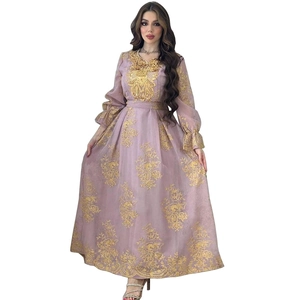 Elegant dusty pink Kaftan dress with intricate gold floral embroidery for evening parties