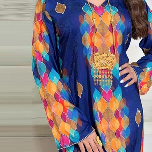 Elegant navy blue V-neck maxi dress with colorful ethnic prints and gold jewelry