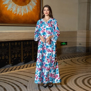 Women V Neck Floral Print Kaftan Dress Long Sleeve Rhinestone Trim Ethnic Abaya Maxi Party Gown Polyester Dress