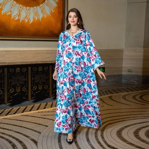 Elegant plus size kaftan floral print long dress with V-neck and luxury sequin trim
