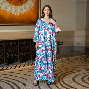 Elegant floral print kaftan maxi dress with silver trim and long sleeves for women