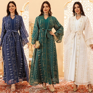 Ensemble Robe Deux Pièces Élégant Broderie Ethnique Maille pour Femmes Abaya Kaftan Longue Robe Top And Bottom Avec Ceinture