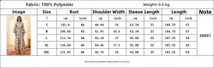 Detailed size chart for Jalabiya evening dress showing bust, sleeve and length measurements