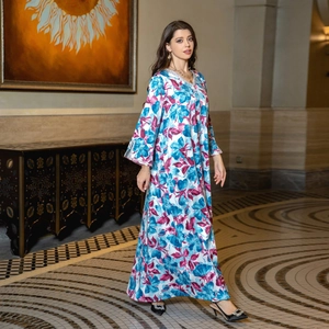 Floral print long sleeve kaftan dress with silver embroidered neckline and bell sleeves