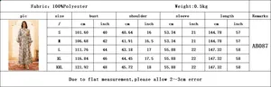 Detailed size chart for Jalabiya sequined evening dress with cm and inch measurements