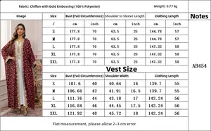 Guide des tailles détaillé pour l'ensemble AB454 en mousseline avec imprimés dorés