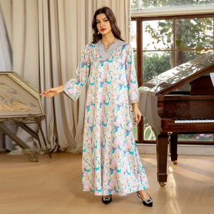 Robe Maxi Kaftan Ethnique pour Femmes avec Imprimé Floral Col en V Strass Manches Longues Robe de Vacances Bohème