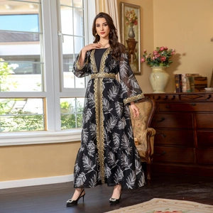 Ethnic mesh embroidery abaya with leaf print, gold lace trim and flared sleeves