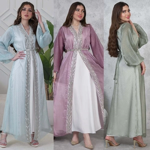 Elegant Women Abaya Kaftan Cardigan Vest Dress And Belt Embroidered Leaf Pattern Lantern Sleeve Satin For Wedding Party
