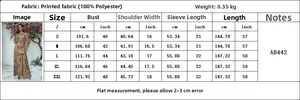 Detailed size chart for printed rhinestone dress showing measurements in cm and inches