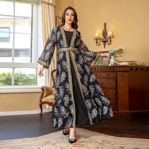 Ethnic mesh embroidered kaftan set with gold ribbon detailing and leaf print