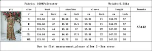Detailed size chart for long printed dress with fabric specs and measurements from S to XXL