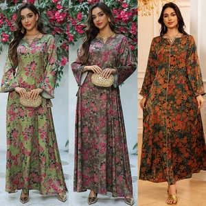 Women Floral Print Maxi Dress Long Sleeve V-Neck Ethnic Kaftan Abaya Rhinestone Trim Elegant Long Robe Evening Party Gown