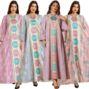 Robe Maxi Caftan Ethnique pour Femme Broderie Paillettes Abaya Manches Longues Col Rond Ample Imprimé Robe de Soirée Finition Satinée