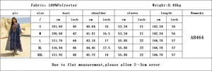 Size chart for mesh embroidery long dress with measurements in cm and inches