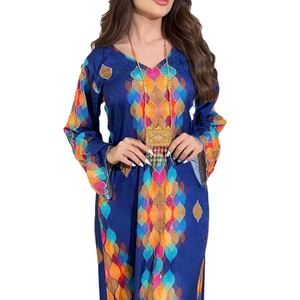 Elegant navy V-neck maxi dress with vibrant geometric prints and long sleeves