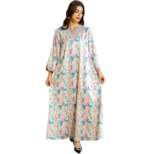 Robe longue en satin à fleurs avec sequins, abaya ample pour femmes au sol