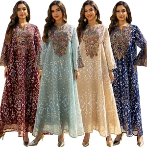 Women Ethnic Embroidery Maxi Dress Long Sleeve Geometric Print Chiffon Kaftan Abaya Muslim Party Long Dress