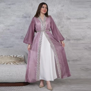 Detail of silver leaf embroidery on lavender organza sleeve of this elegant 3-piece set
