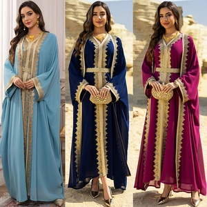 Women Middle Eastern Kaftan Abaya Chiffon Sequined Embroidery Maxi Dress And Vest With Belt For Party Wedding Ethnic Clothing