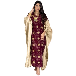 Elegant burgundy floral kaftan dress with luxury gold sequined wide bell sleeves for women