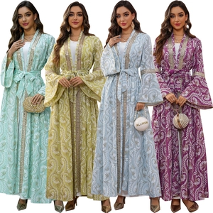 Donna Ricamo Specchio Paillettes Abaya Kaftan Abito Lungo E Sottoveste Etnico Vestito Maxi Con Cintura Per Festa