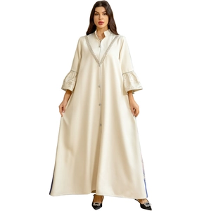 Elegant cream abaya maxi dress with bell sleeves and floral lace embroidery