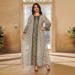 Elegant beige chiffon abaya dress with geometric prints and gold embroidery detailing