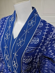 Broderie détaillée et perles sur robe bleu roi à col en V avec bordure argentée