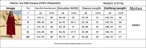 Detailed size chart for the embroidered long dress with cm and inch measurements