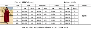 Detailed size chart for embroidered long dress with measurements from S to XXL